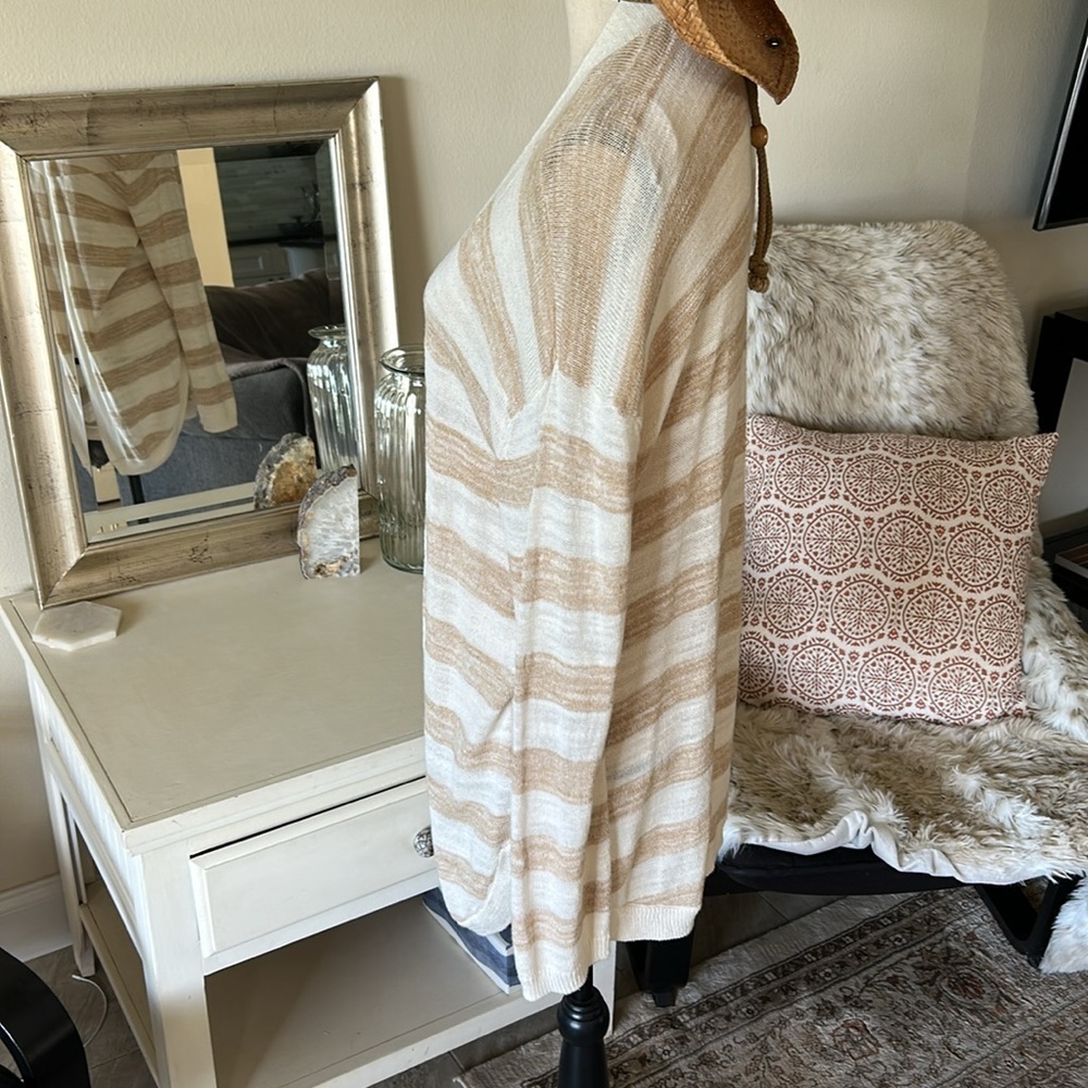 Talbots cream tan striped cotton open long cardigan sweater Large petite​​​ - Picture 6 of 12